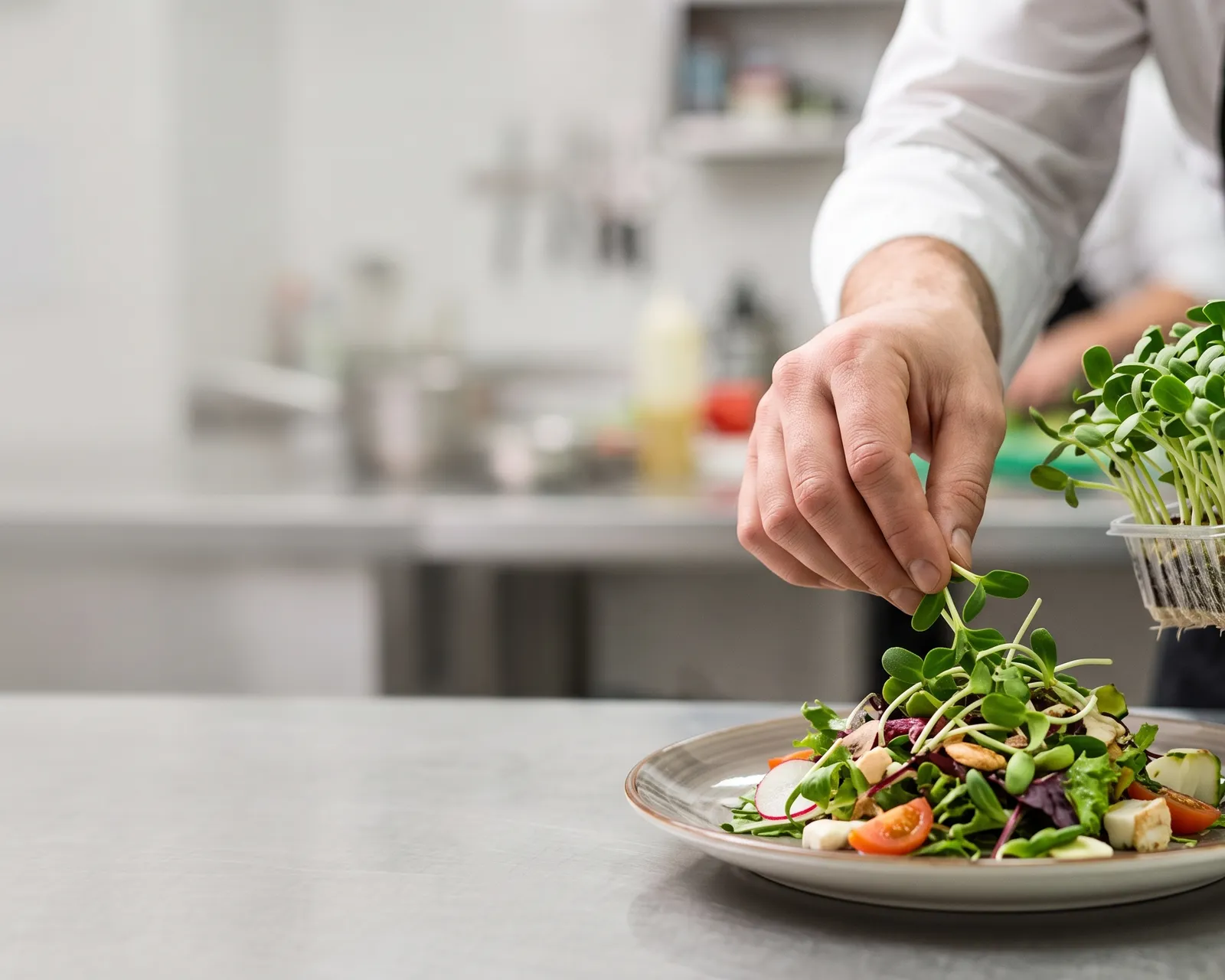 chef's hands snipping vibrant, live microgreens directly from a pristine growing tray to garnish a beautifully plated dish